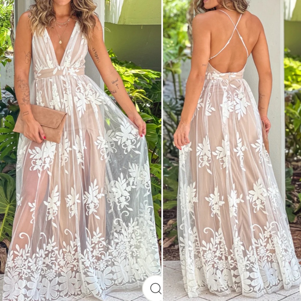 NWT maxi dress white floral velvet burnout deep V neckline crisscross back lined - Picture 13 of 13